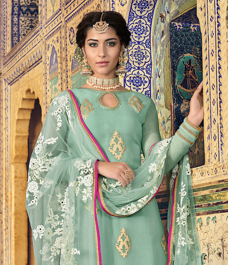Light Sea Green & Hot Pink Designer Embroidered Georgette Palazzo Suit-Saira's Boutique