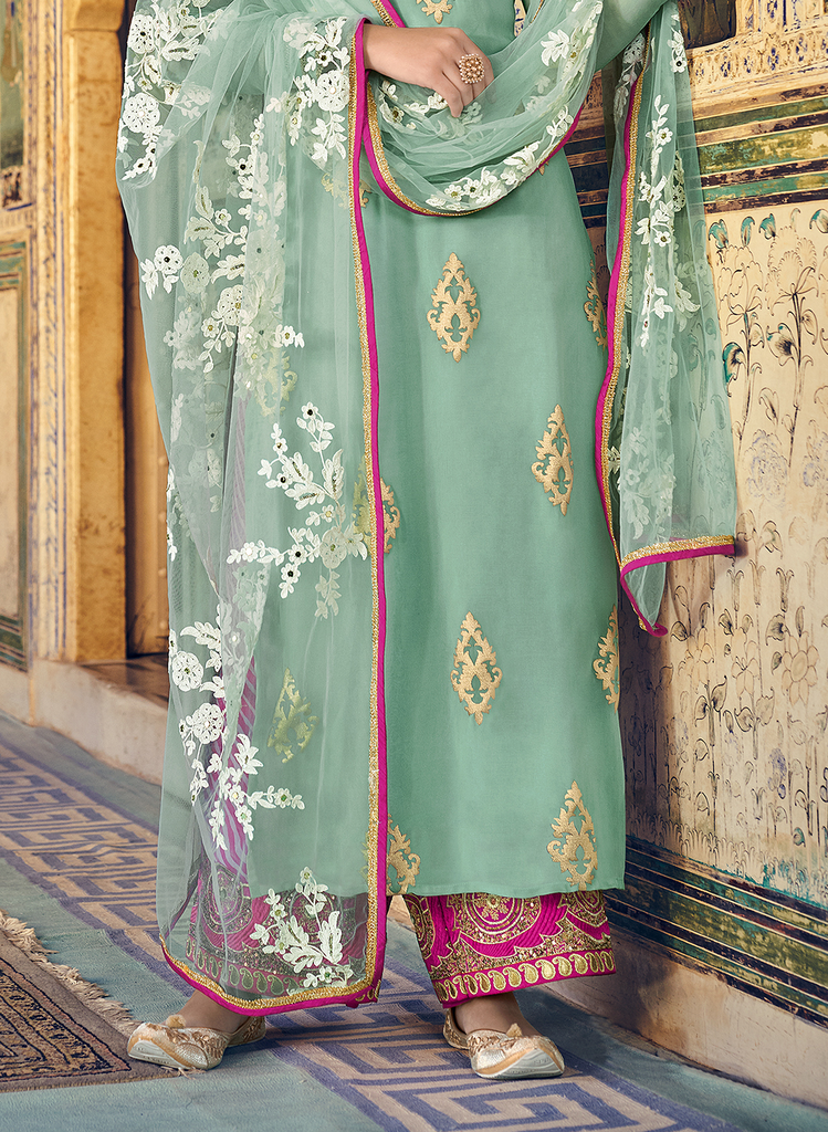 Light Sea Green & Hot Pink Designer Embroidered Georgette Palazzo Suit-Saira's Boutique