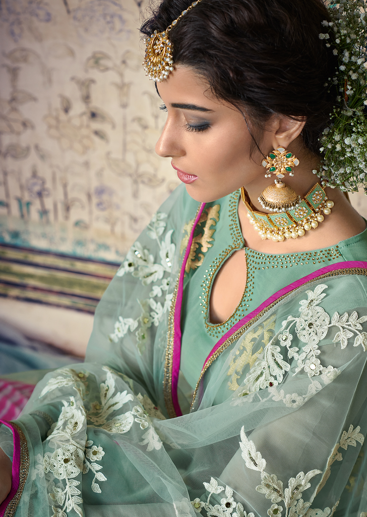 Light Sea Green & Hot Pink Designer Embroidered Georgette Palazzo Suit-Saira's Boutique