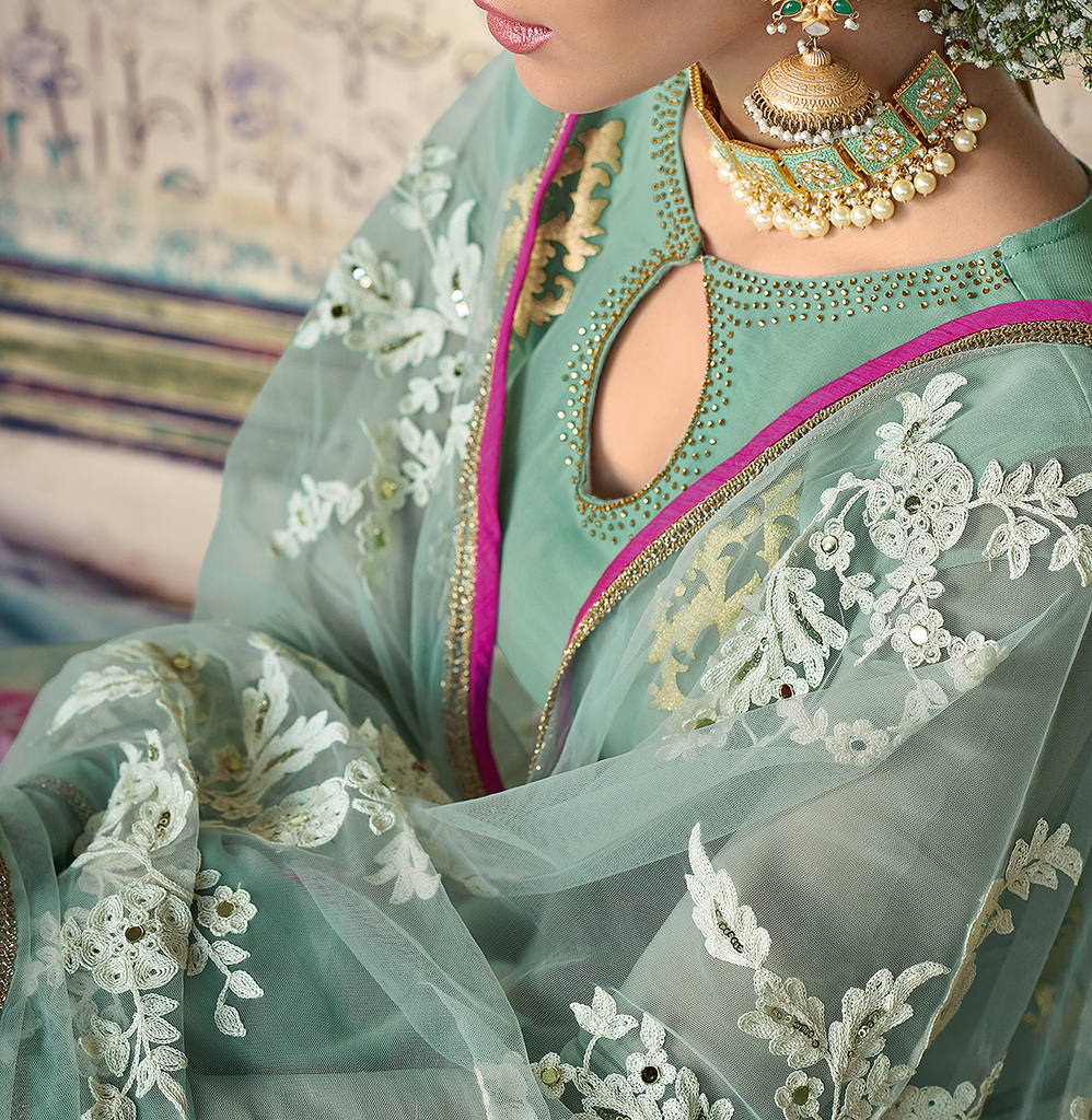 Light Sea Green & Hot Pink Designer Embroidered Georgette Palazzo Suit-Saira's Boutique