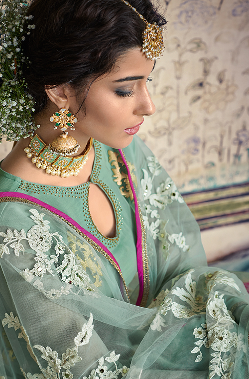 Light Sea Green & Hot Pink Designer Embroidered Georgette Palazzo Suit-Saira's Boutique