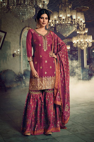 Pale Mustard Designer Embroidered Heavy Chinon Party Wear Sharara Suit