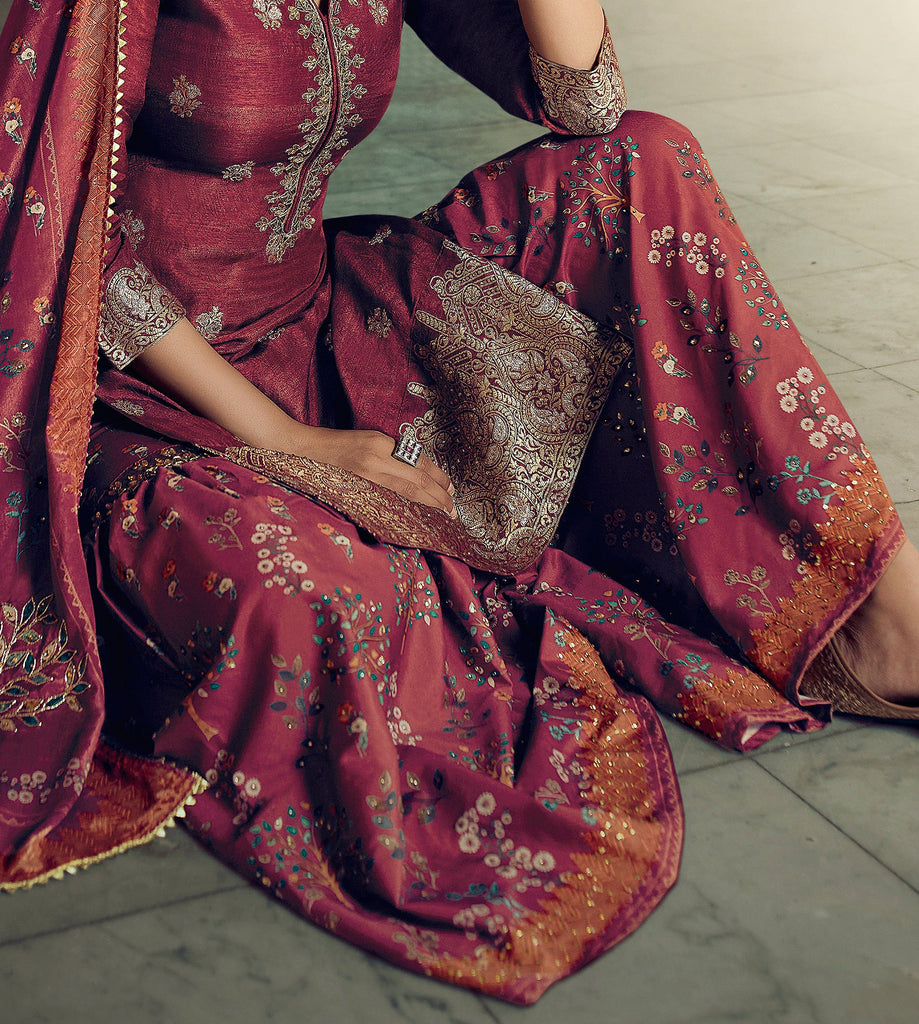 Magenta Designer Embroidered Silk Wedding Gharara Suit-Saira's Boutique