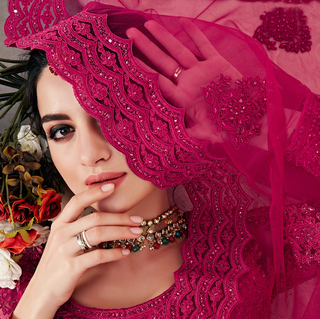 Magenta Pink Designer Heavy Embroidered Bridal Lehenga-Saira's Boutique