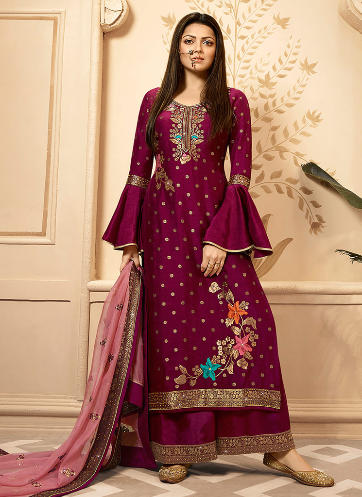 Magenta Designer Embroidered Silk Jacquard Palazzo Suit-Saira's Boutique