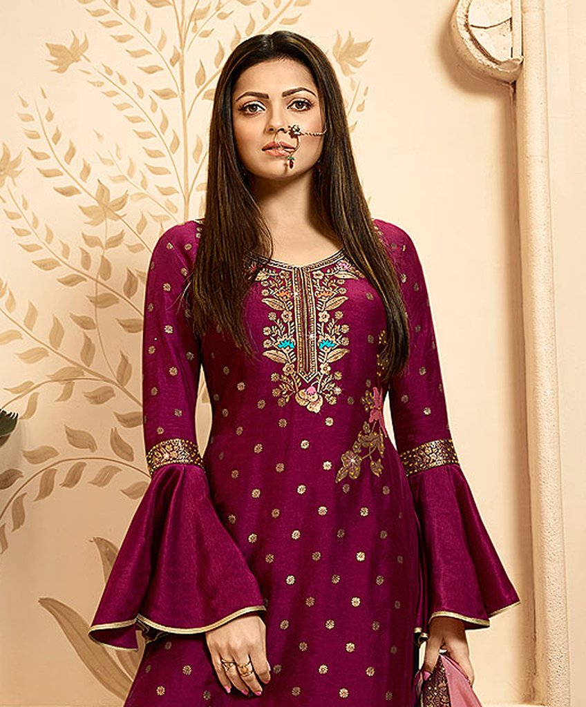 Magenta Designer Embroidered Silk Jacquard Palazzo Suit-Saira's Boutique