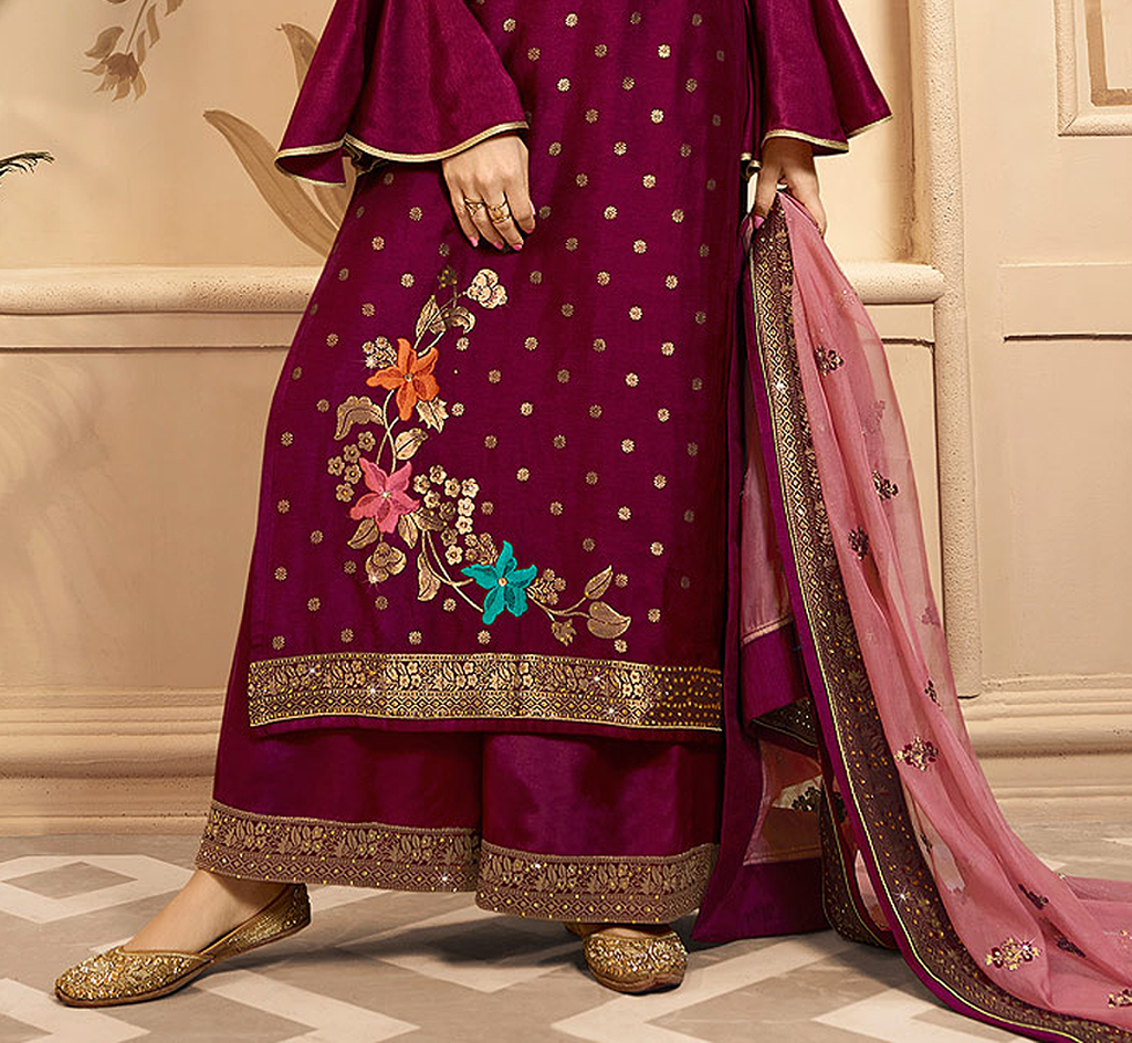 Magenta Designer Embroidered Silk Jacquard Palazzo Suit-Saira's Boutique