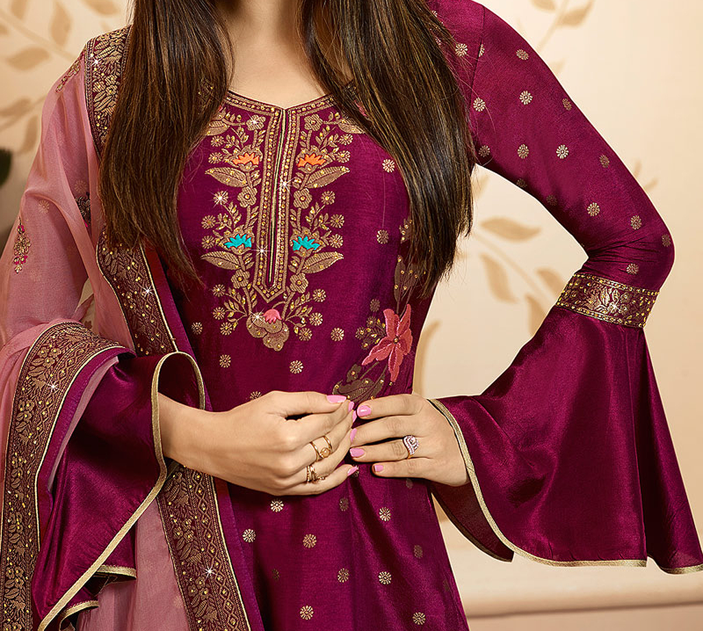 Magenta Designer Embroidered Silk Jacquard Palazzo Suit-Saira's Boutique