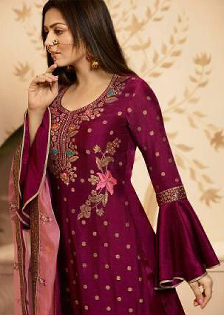 Magenta Designer Embroidered Silk Jacquard Palazzo Suit | Saira's Boutique