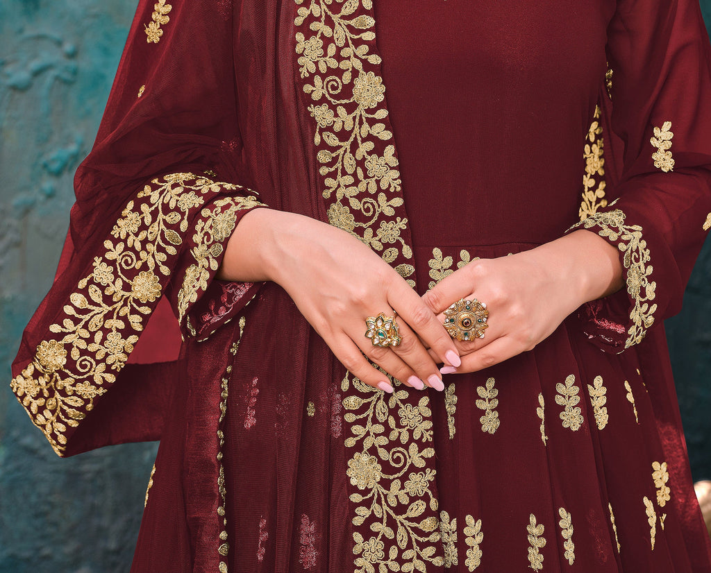 Maroon Designer Embroidered Georgette Anarkali Suit-Saira's Boutique