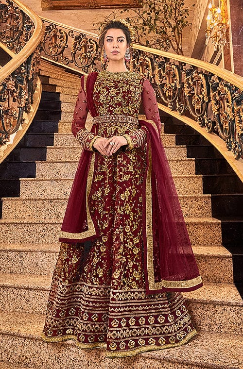 Maroon Designer Heavy Embroidered Net Bridal Anarkali Suit