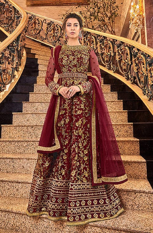 Taupe & Red Designer Embroidered Wedding Lehenga Style Anarkali Suit