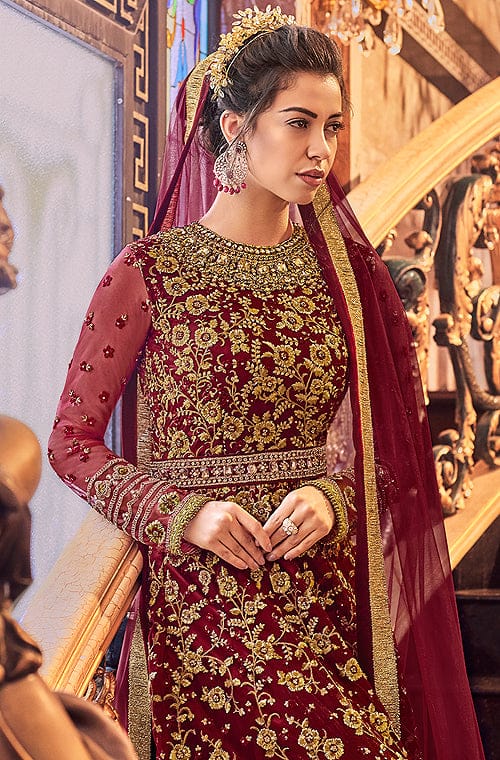 Maroon Designer Heavy Embroidered Net Bridal Anarkali Suit-Saira's Boutique