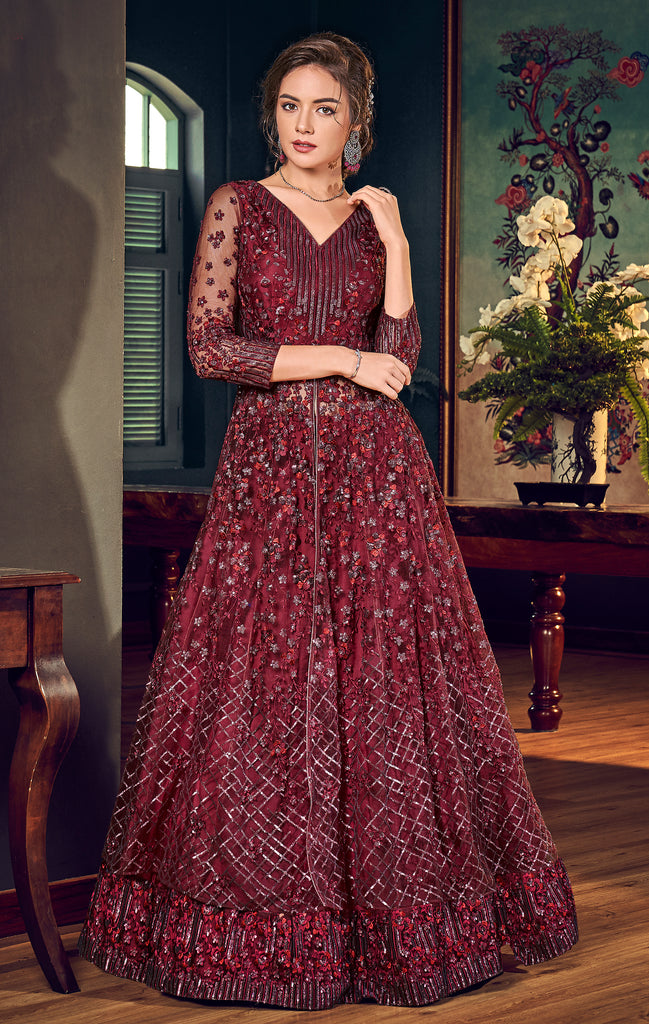 Ready To Wear Maroon Faux Georgette Embroidery Work Gown