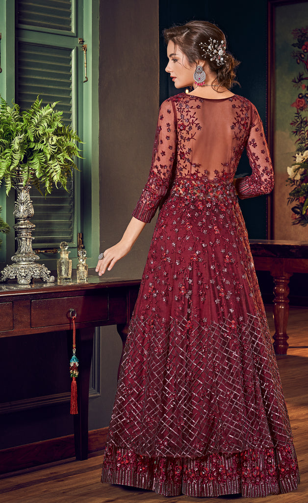 Maroon Designer Heavy Embroidered Net Wedding Anarkali Gown-Saira's Boutique