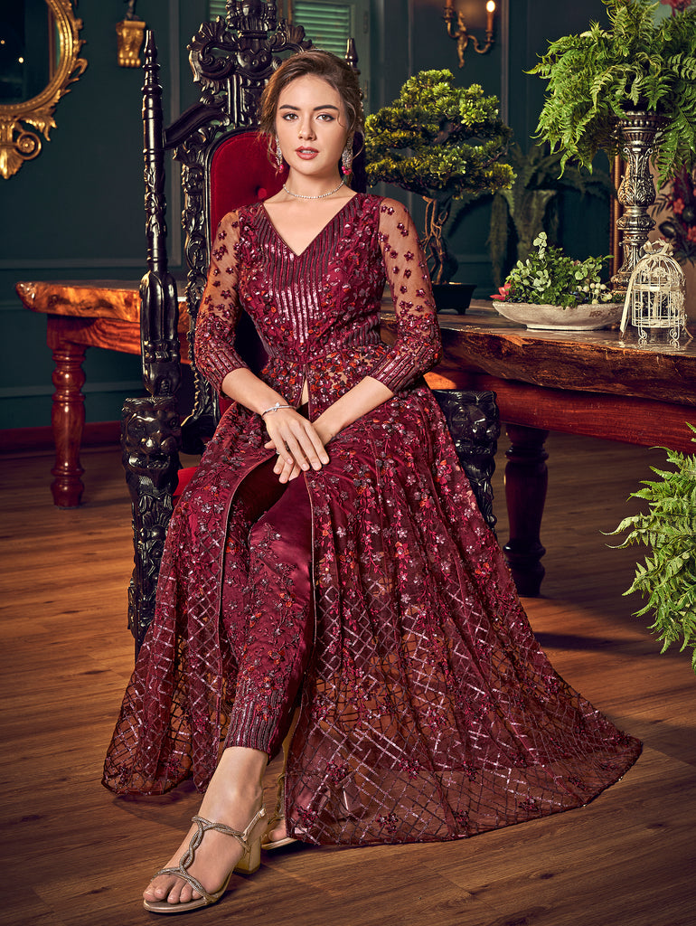 Maroon Designer Heavy Embroidered Net Wedding Anarkali Gown-Saira's Boutique