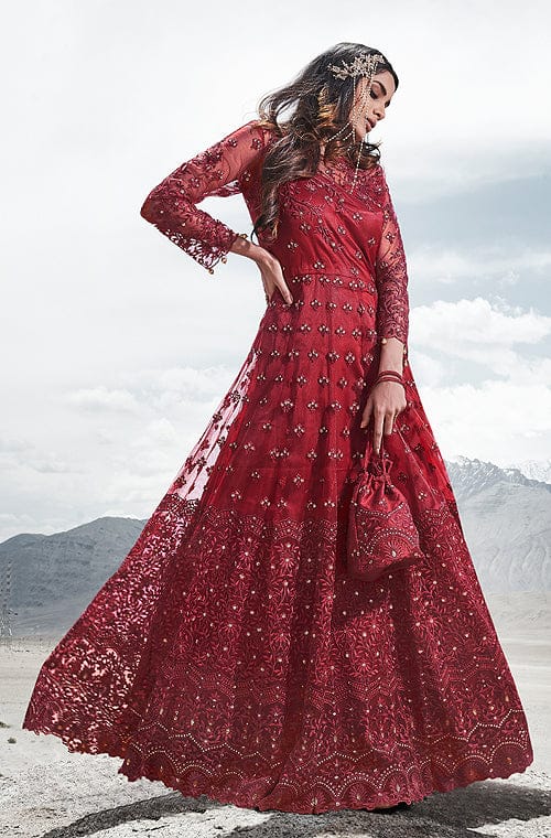 Maroon Designer Heavy Embroidered Wedding Pant Style Anarkali Suit-Saira's Boutique