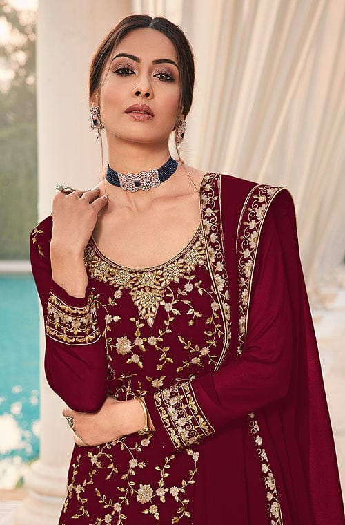 Maroon Designer Heavy Embroidered Wedding Sharara Suit-Saira's Boutique