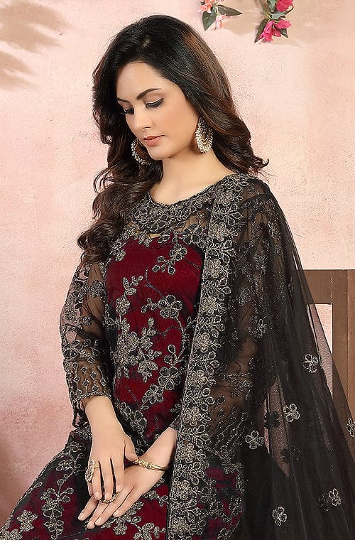 Maroon & Black Designer Heavy Embroidered Pant Suit-Saira's Boutique