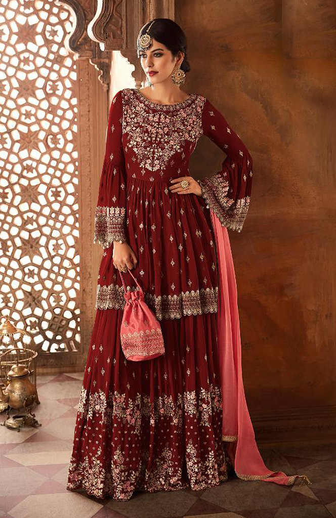 Maroon & Coral Pink Designer Heavy Embroidered Georgette Sharara Suit-Saira's Boutique