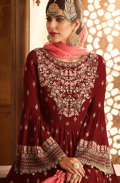 Maroon & Coral Pink Designer Heavy Embroidered Georgette Sharara Suit-Saira's Boutique
