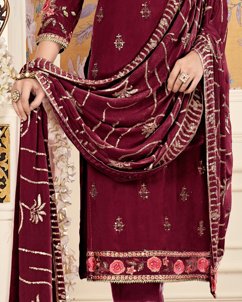 Maroon Designer Embroidered Silk Party Wear Pant Suit-Saira's Boutique