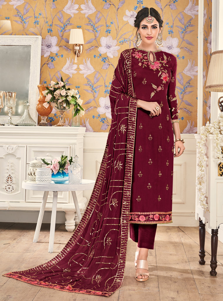 Maroon Designer Embroidered Silk Party Wear Pant Suit-Saira's Boutique
