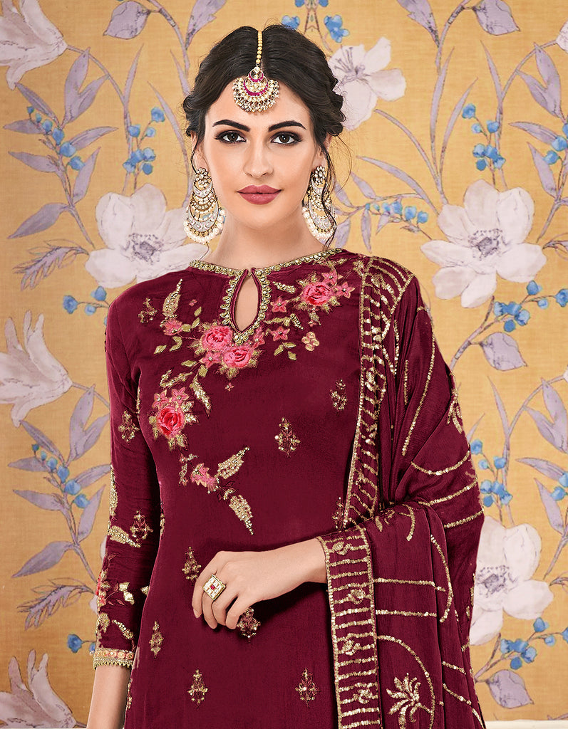 Maroon Designer Embroidered Silk Party Wear Pant Suit-Saira's Boutique