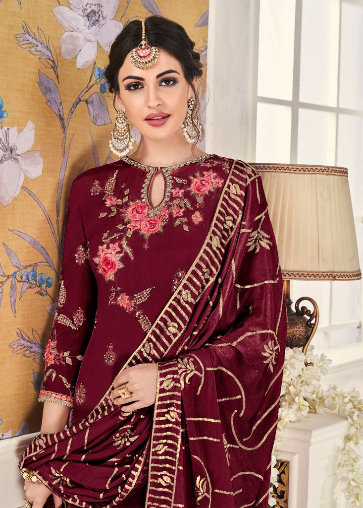 Maroon Designer Embroidered Silk Party Wear Pant Suit-Saira's Boutique