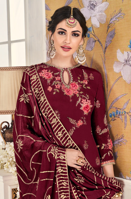 Maroon Designer Embroidered Silk Party Wear Pant Suit-Saira's Boutique