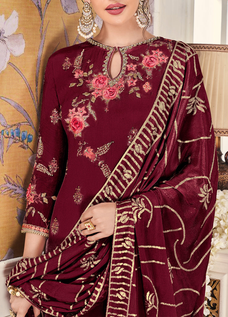Maroon Designer Embroidered Silk Party Wear Pant Suit-Saira's Boutique