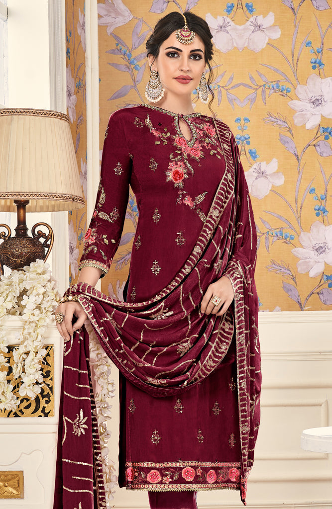 Maroon Designer Embroidered Silk Party Wear Pant Suit-Saira's Boutique