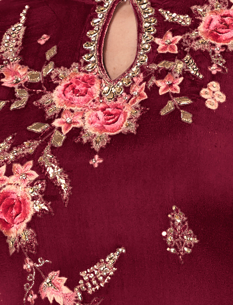 Maroon Designer Embroidered Silk Party Wear Pant Suit-Saira's Boutique
