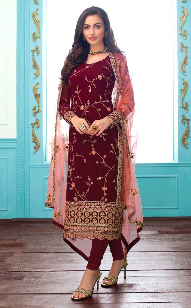 Maroon & Pink Designer Embroidered Georgette Churidar Suit-Saira's Boutique
