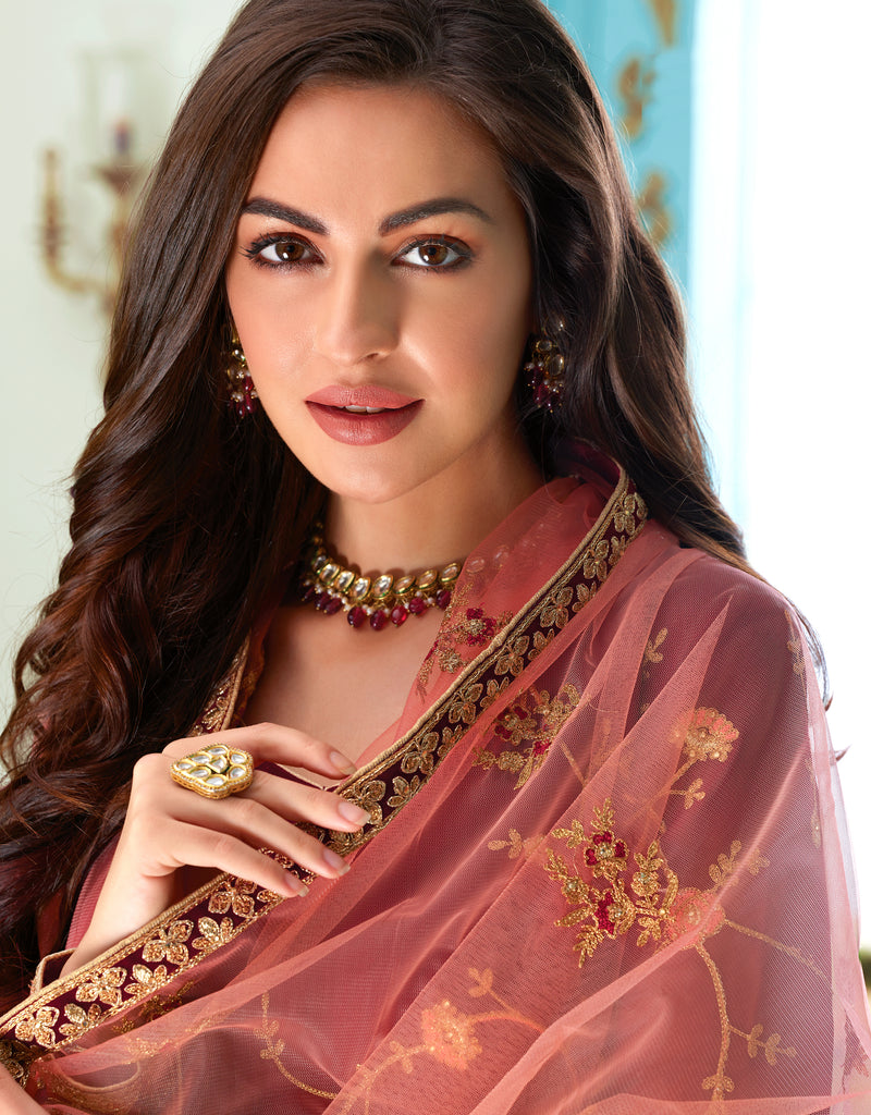 Maroon & Pink Designer Embroidered Georgette Churidar Suit-Saira's Boutique