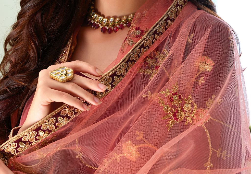 Maroon & Pink Designer Embroidered Georgette Churidar Suit-Saira's Boutique