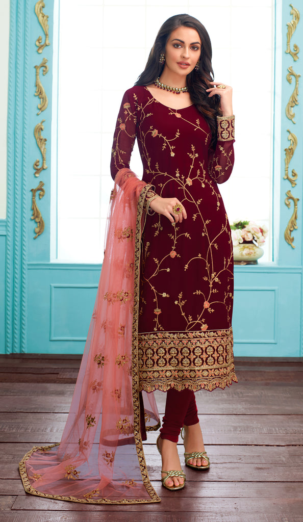 Maroon & Pink Designer Embroidered Georgette Churidar Suit-Saira's Boutique