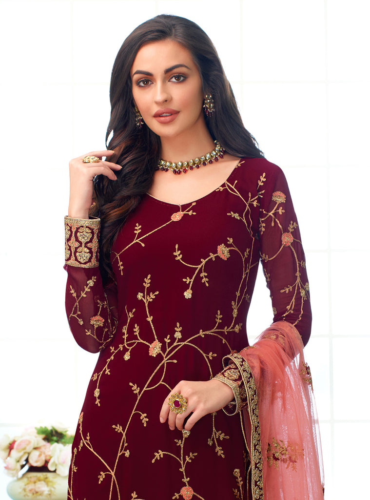 Maroon & Pink Designer Embroidered Georgette Churidar Suit-Saira's Boutique