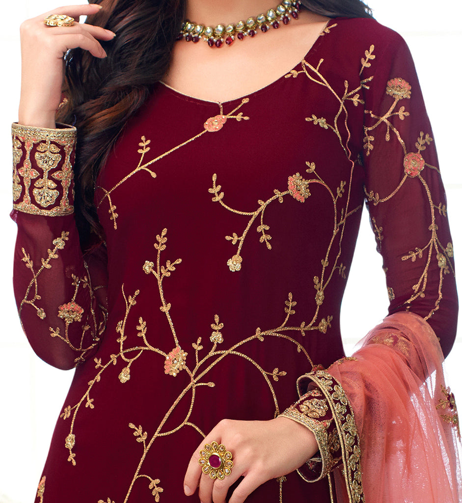 Maroon & Pink Designer Embroidered Georgette Churidar Suit-Saira's Boutique
