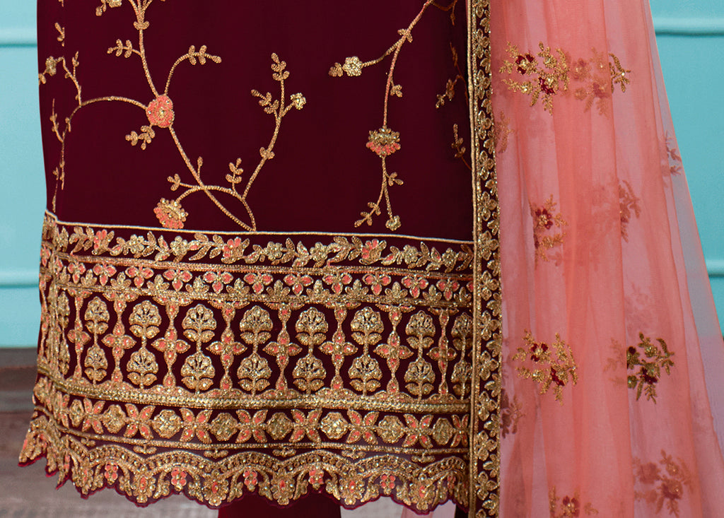 Maroon & Pink Designer Embroidered Georgette Churidar Suit-Saira's Boutique