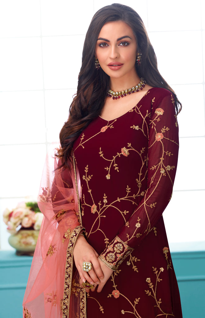 Maroon & Pink Designer Embroidered Georgette Churidar Suit-Saira's Boutique