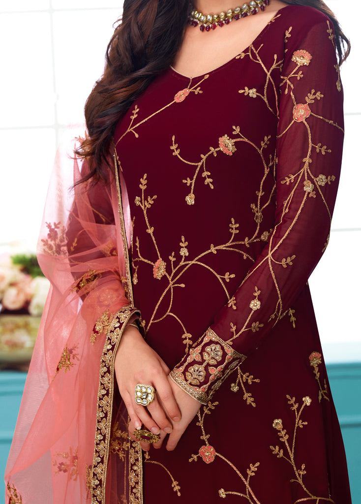 Maroon & Pink Designer Embroidered Georgette Churidar Suit-Saira's Boutique