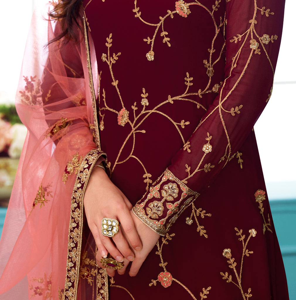 Maroon & Pink Designer Embroidered Georgette Churidar Suit-Saira's Boutique