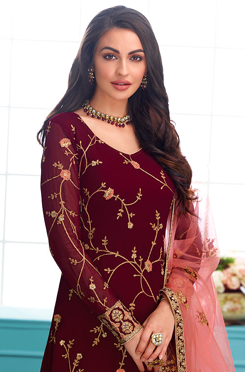 Maroon & Pink Designer Embroidered Georgette Churidar Suit-Saira's Boutique