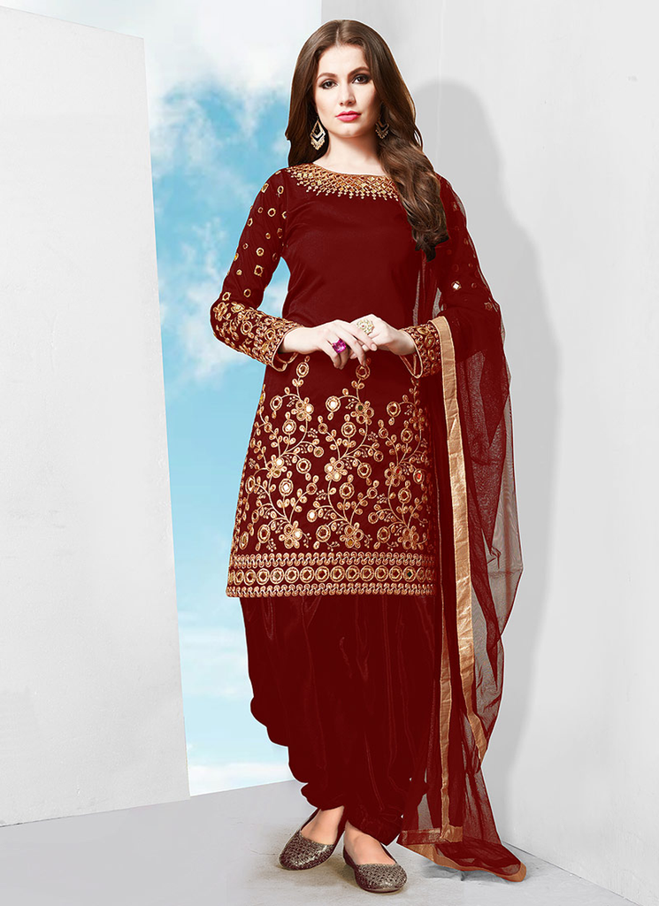 Maroon Red Designer Embroidered Mirror Work Patiala Suit-Saira's Boutique