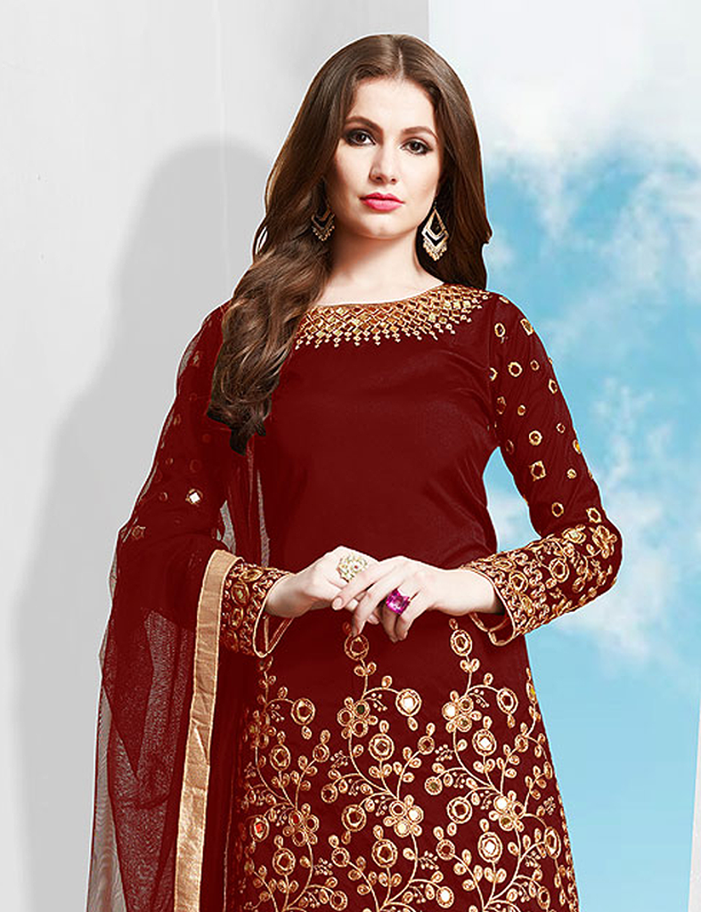 Maroon Red Designer Embroidered Mirror Work Patiala Suit-Saira's Boutique