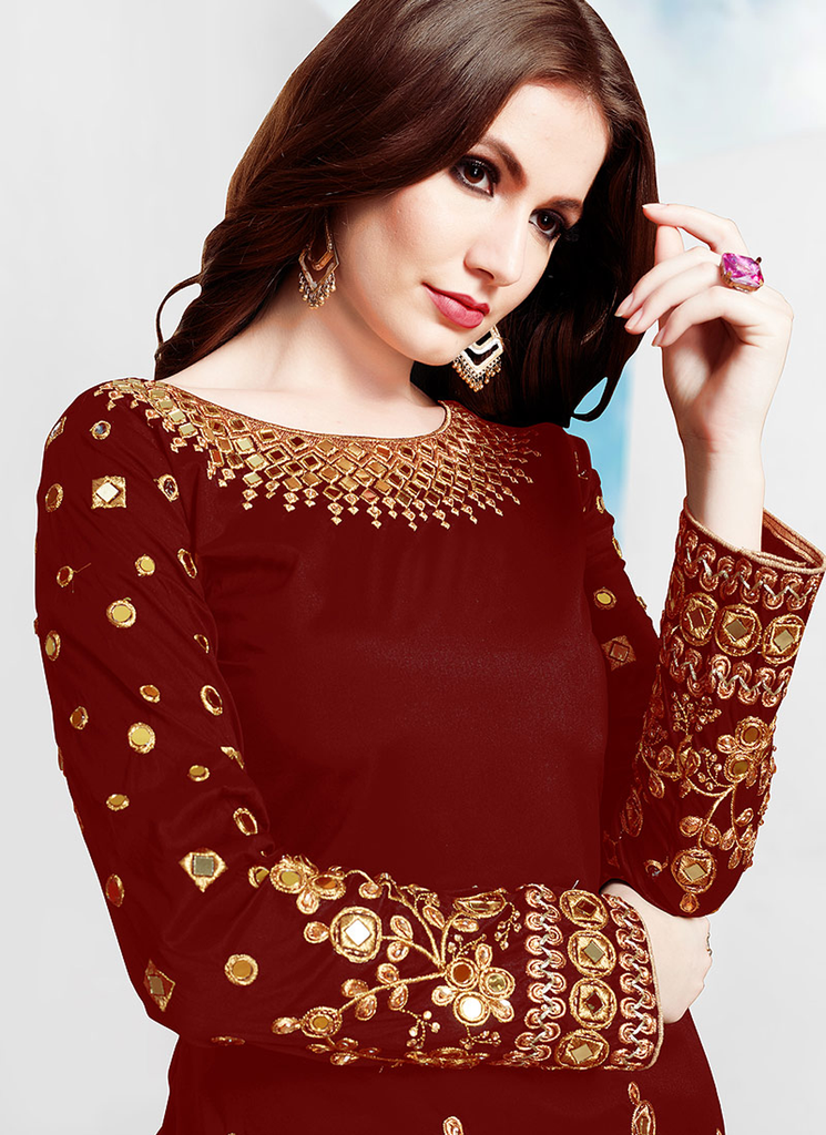 Maroon Red Designer Embroidered Mirror Work Patiala Suit-Saira's Boutique