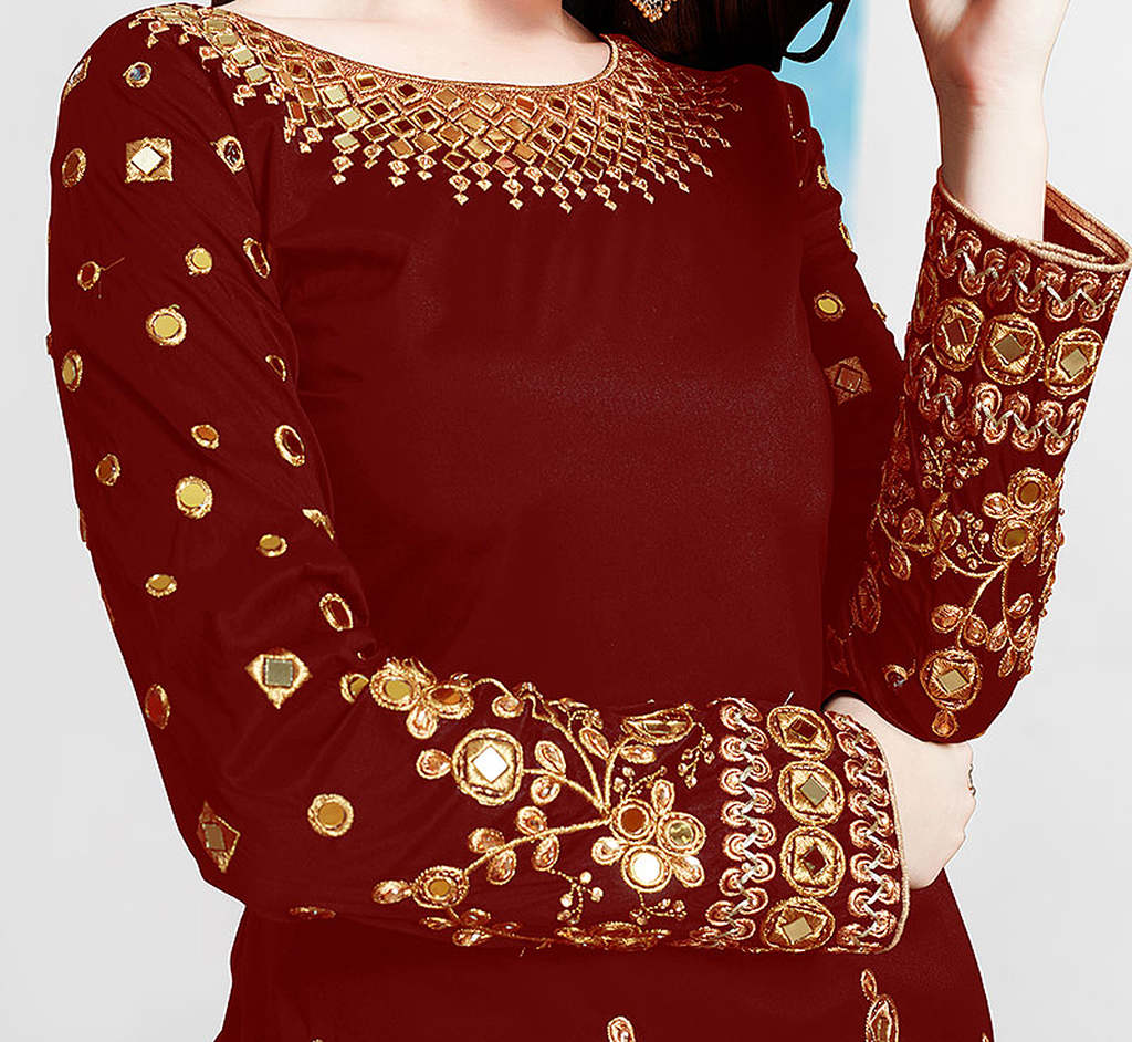 Maroon Red Designer Embroidered Mirror Work Patiala Suit-Saira's Boutique