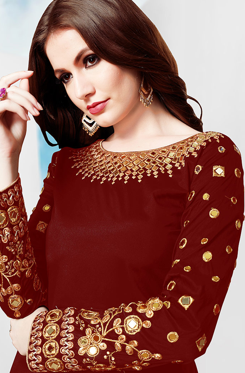 Maroon Red Designer Embroidered Mirror Work Patiala Suit-Saira's Boutique