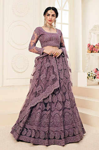 Mauve Purple Designer Heavy Embroidered Net Wedding & Bridal Lehenga